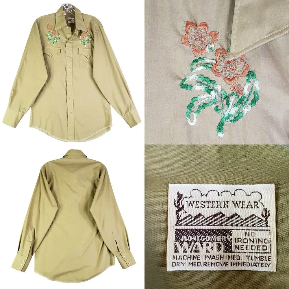 VTG 70s Pearl Snap Western Shirt Mens L Rockabilly Floral Cowboy Montgomery Ward - Picture 1 of 10